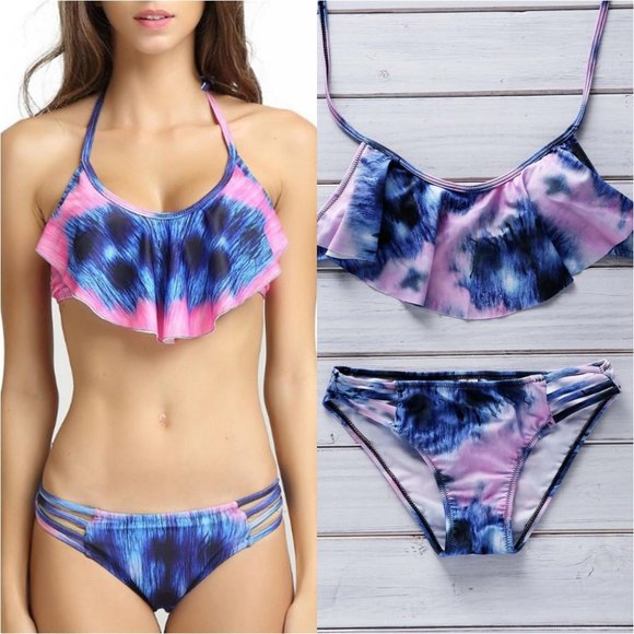 Tie Dye Peacock Feather Strappy Flounce Bikini 👙 - Picture 7 of 8